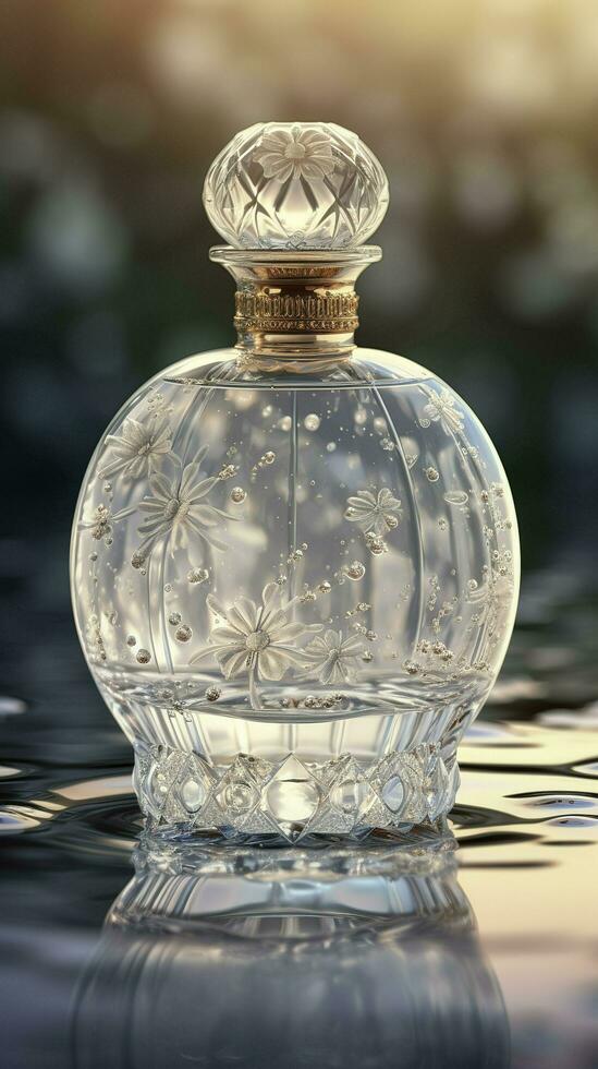 un delicado y noble vaso perfume botella estaba metido en el medio de el regar el luz de sol asperja lleno, en el agua revolotea caídas el pétalo, generar ai foto