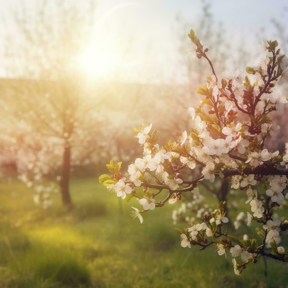 Spring blossom background. Beautiful nature scene with blooming tree and sun flare , generat ai photo