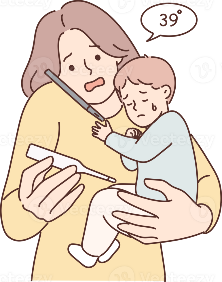 Woman with sick baby holding thermometer and calling pediatrician doctor or calling ambulance png