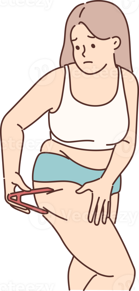 Woman measures percentage of fat on legs using calipers tracking result of diet for weight loss png