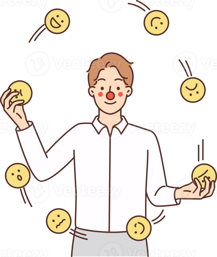 homme avec pitre visage jongle émoticônes avec émotions symbolisant tentative à cacher posséder émotions png