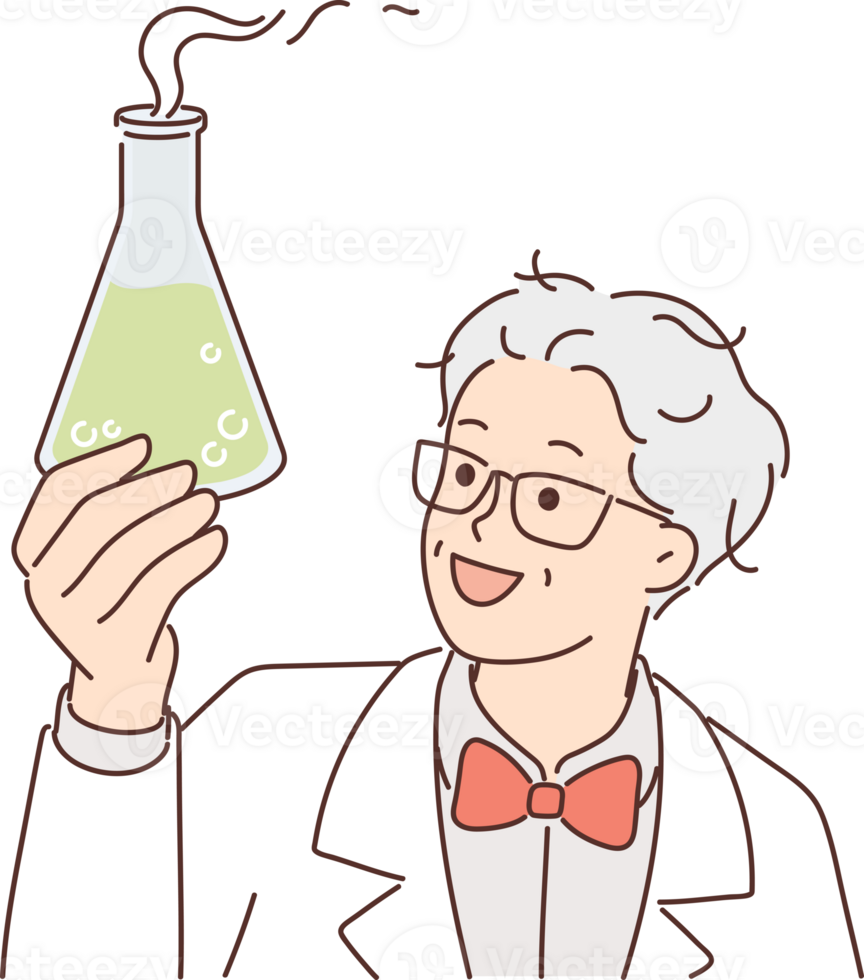 Laboratory assistant holds flask with green fuming liquid while examining chemical reaction png