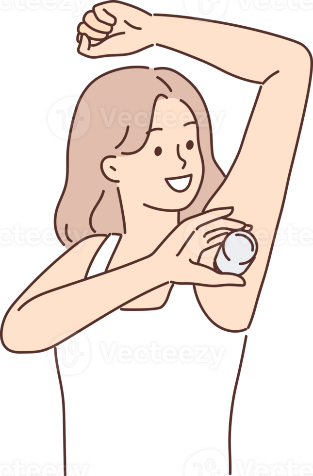 Woman raising hand using deodorant during morning hygiene routine to avoid sweat and odor png