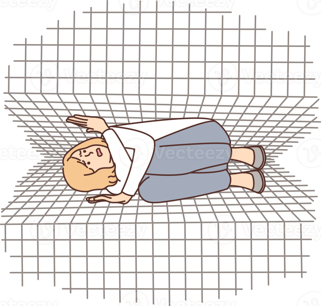 Claustrophobic woman lies between two squeezing walls symbolizing psychological pressure and phobia png