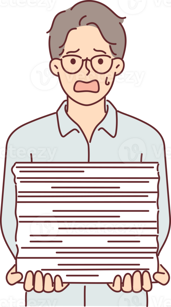 Weeping businessman with bunch of paperwork is suffering from paperwork overload and bureaucracy png