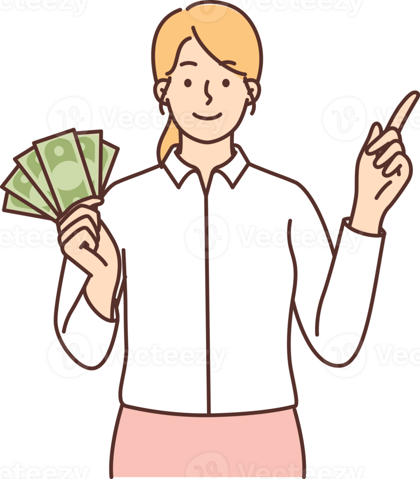 vrouw met bankbiljetten van contant geld in handen aanbieden naar bijwonen opleiding congres door bedrijf trainer png
