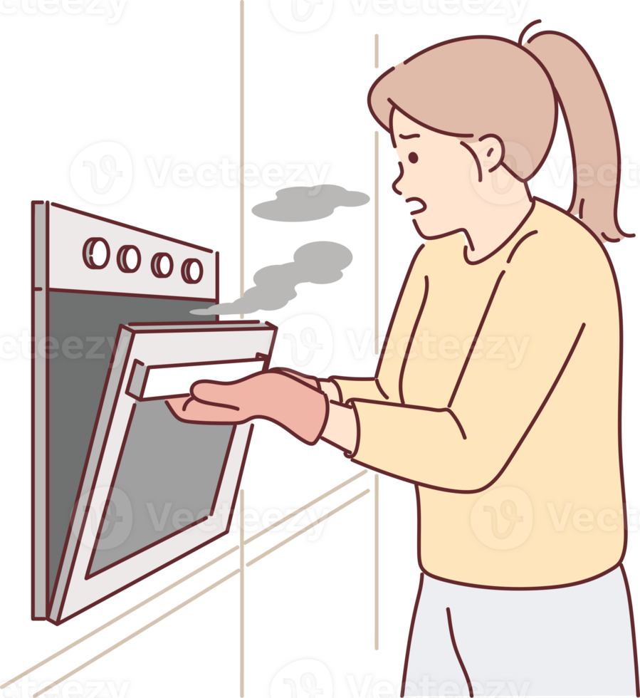 Woman cook opens oven releasing smoke from overcooked meat due to inattention or wrong recipe png