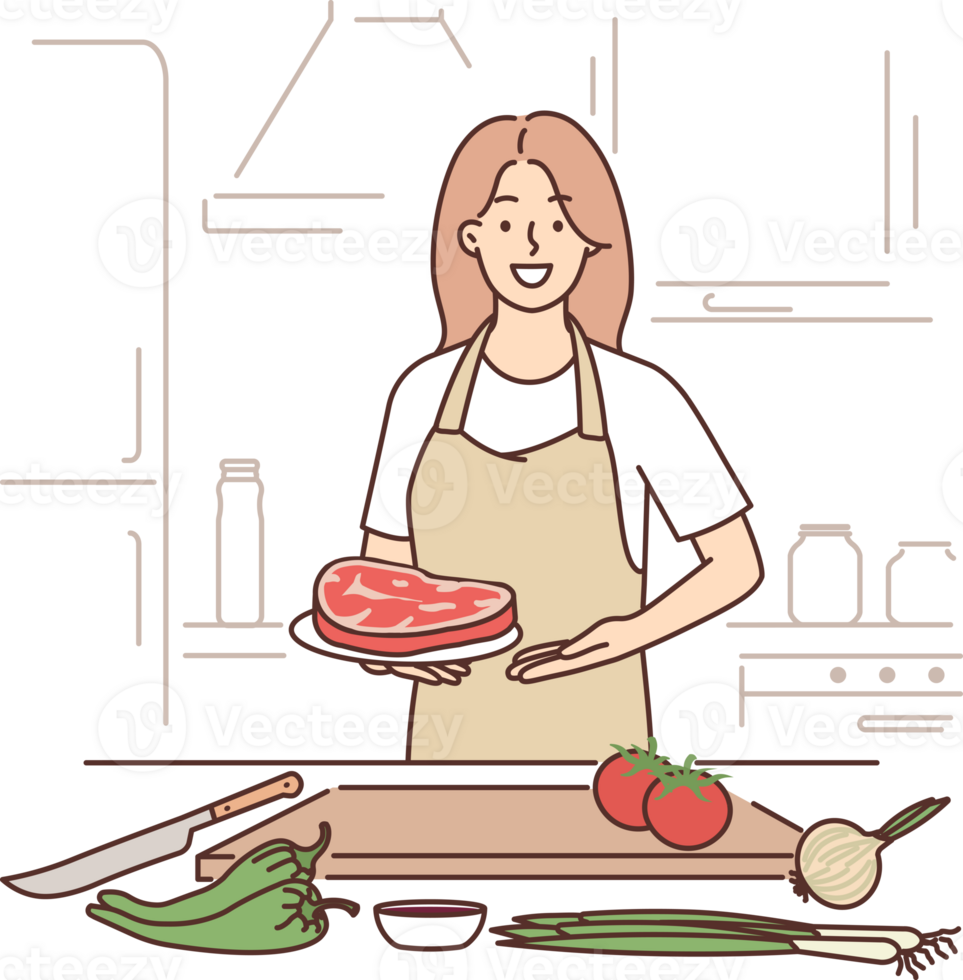 kvinna laga mat innehav rå kött biff stående nära kök tabell med skärande styrelse och grönsaker png