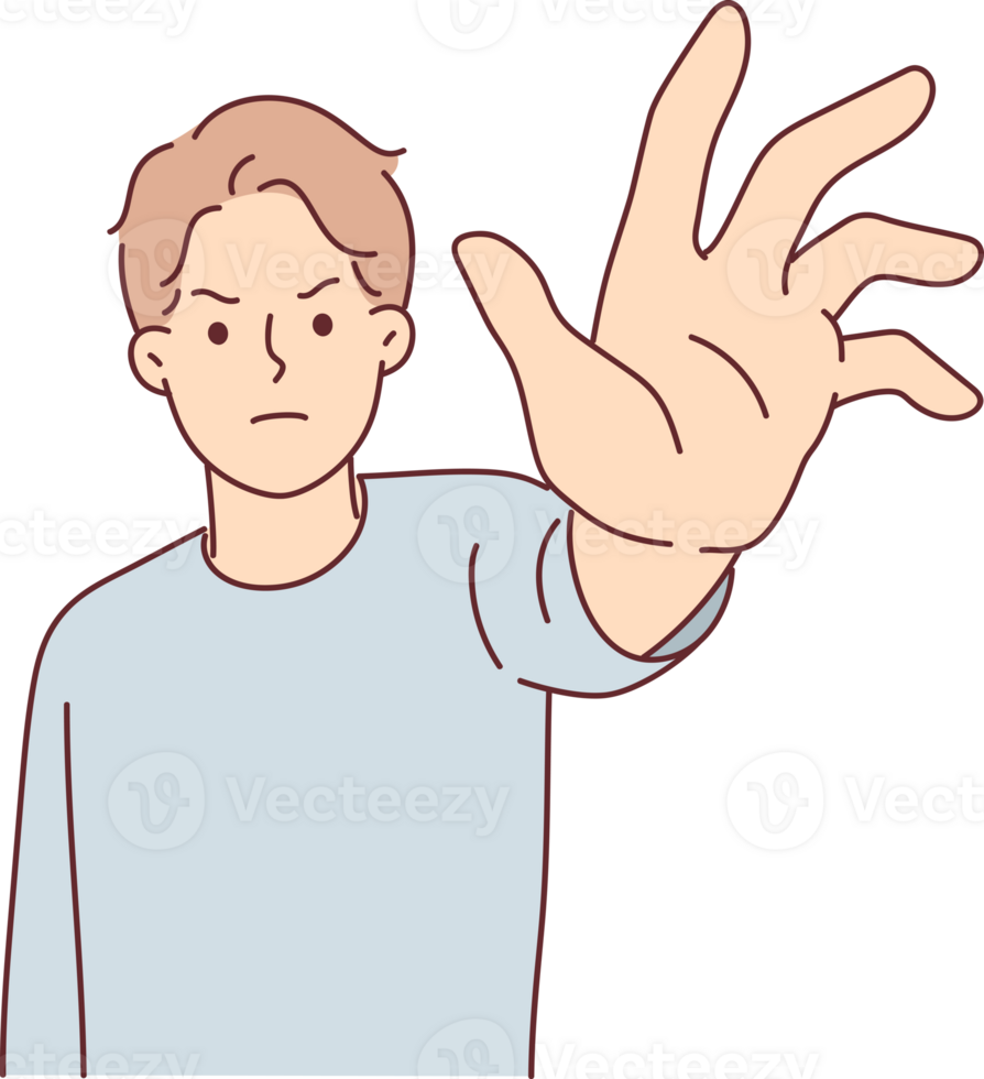 boos Mens bereikt uit naar scherm in poging naar nemen iets weg van of naar hou op schadelijk acties png