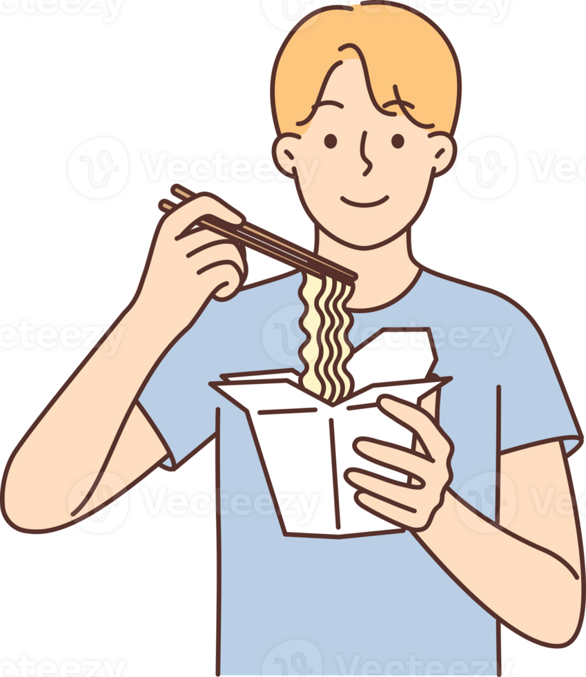 Man eats chinese noodles from takeaway carton box and holds chopsticks from asian restaurant png