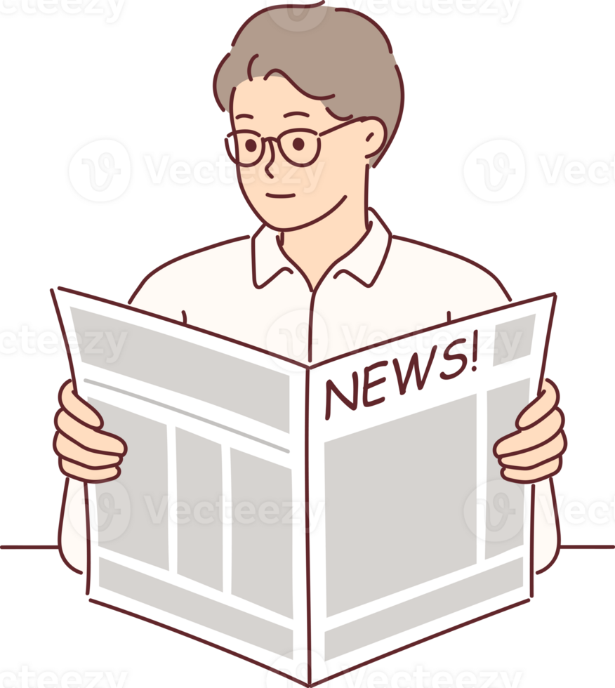 Man holds newspaper reading news about latest business events and political changes or articles png