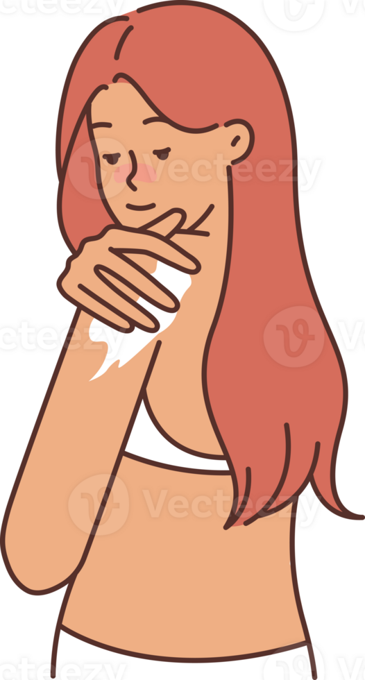 Woman uses sunscreen before going at beach or going to pool in sunny summer weather png