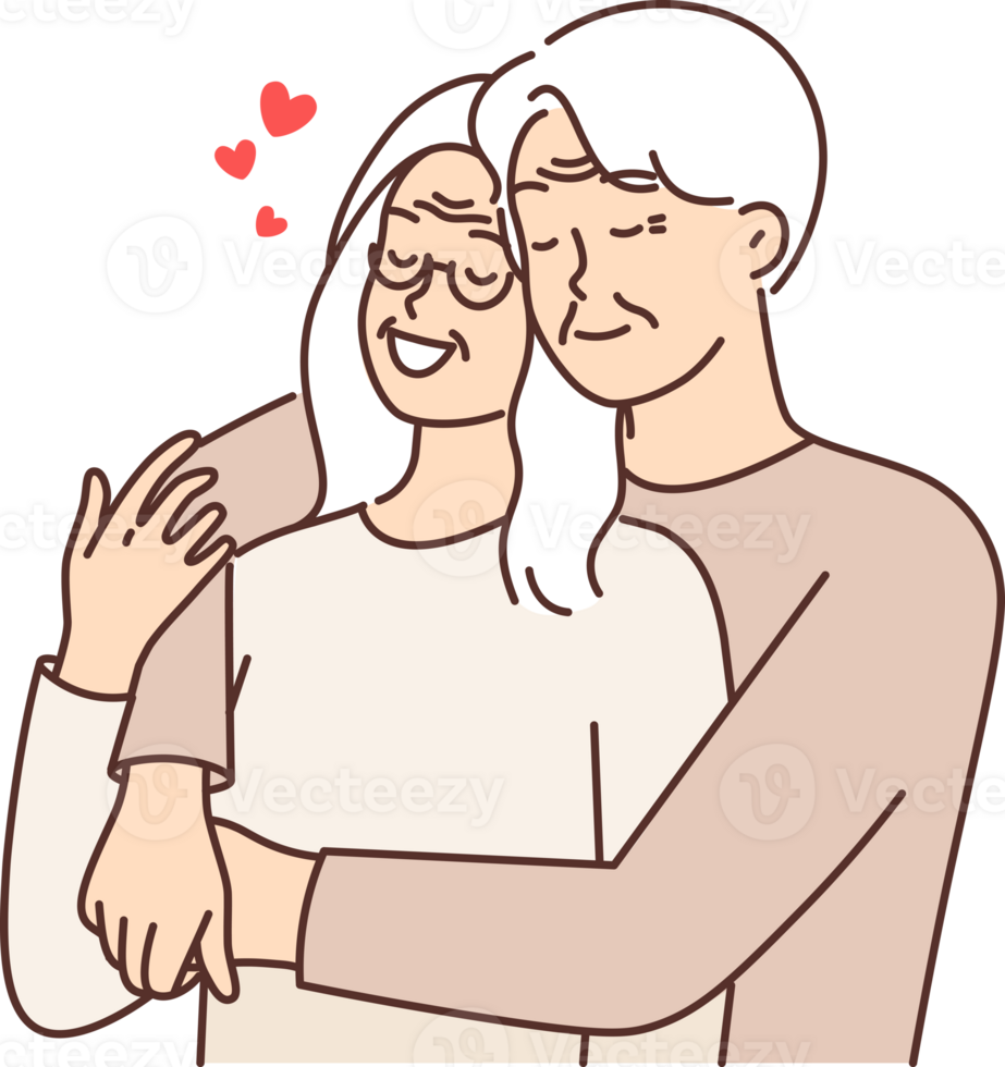 Elderly couple in love from gray-haired man and woman hugging and remembering youth or first date png