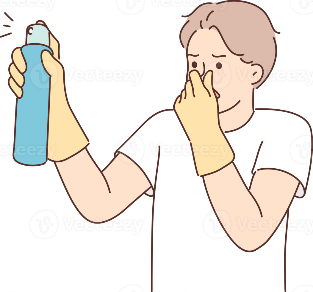 Dissatisfied man with spray to remove unpleasant odors covers nose with hand spraying freshener png