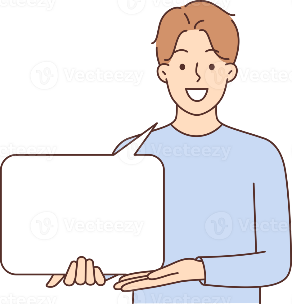 Man holds speech bubble and shows hand on copy space for informative text with important message png