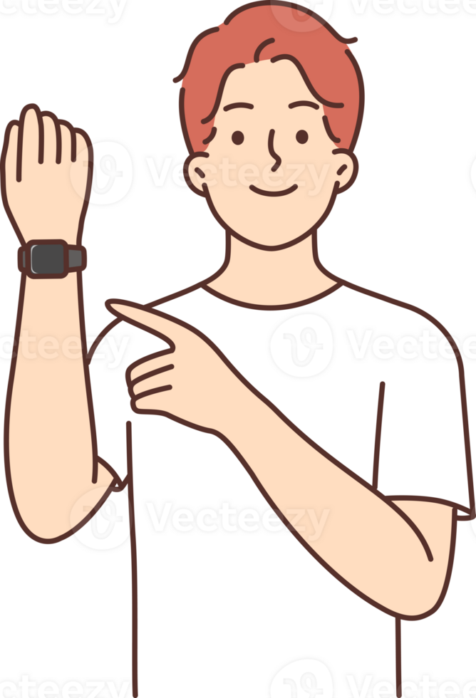 Man with fitness bracelet on hand points finger at tracker with gps function or measures steps png