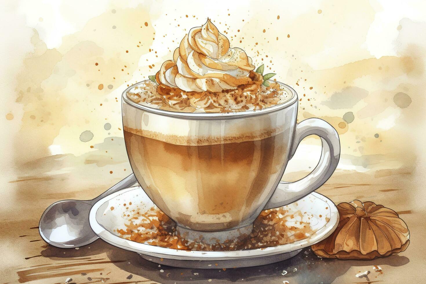 mano dibujado acuarela café con chocolate pastel, capuchino taza con platillo, aislado en blanco antecedentes. delicioso comida ilustración, generar ai foto