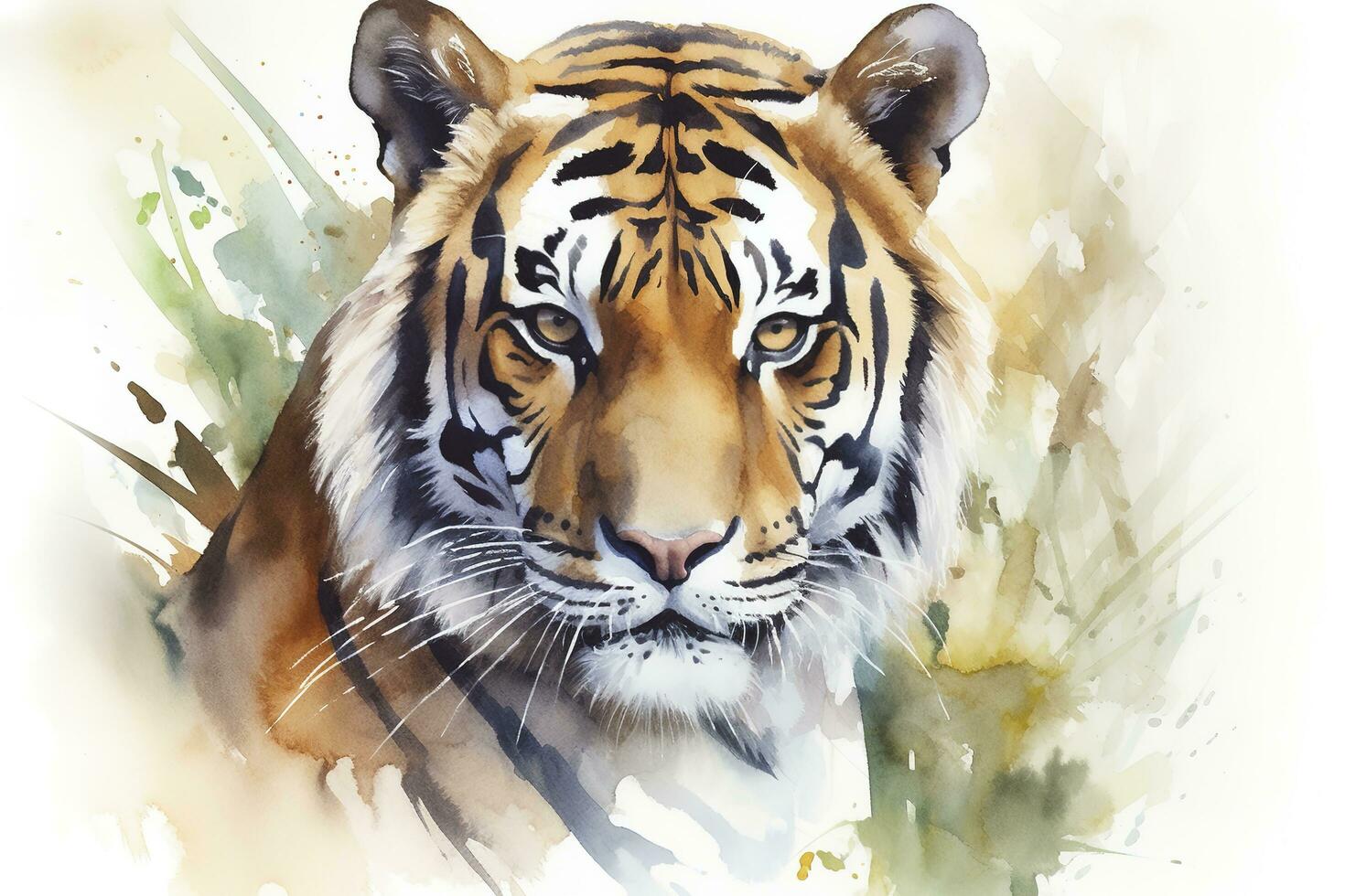 Paint a realistic portrait of a tiger in the jungle watercolor painting, beautiful natural forms, crisp clean shapes, colorful, white background, generate ai photo