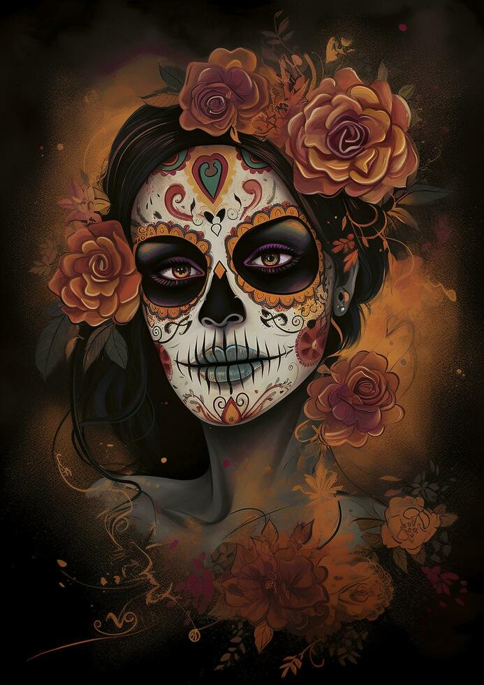 Day of the Dead skulls. Dia de los Muertos. Day of the Dead and Mexican Halloween background. Mexican tradition festival. Day of the dead sugar skull. Dia de los Muertos, generate ai photo