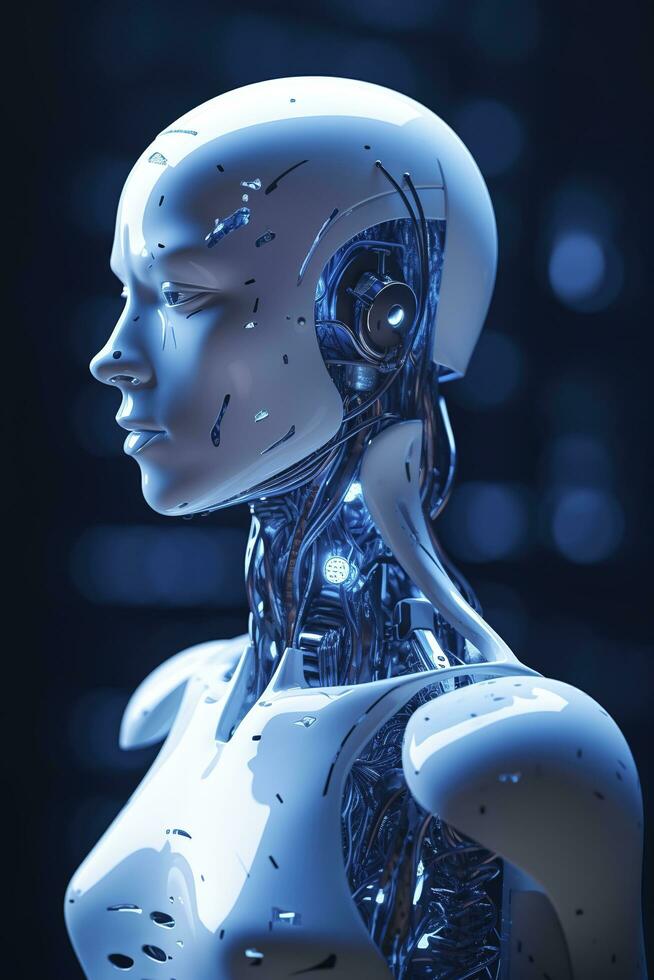 chat, un pensando robot, un humanoide robot caras de cerca futurista moderno tecnología chatbot asistencia auto conversación, futuro digital tecnología ai artificial inteligencia concepto, generar ai foto