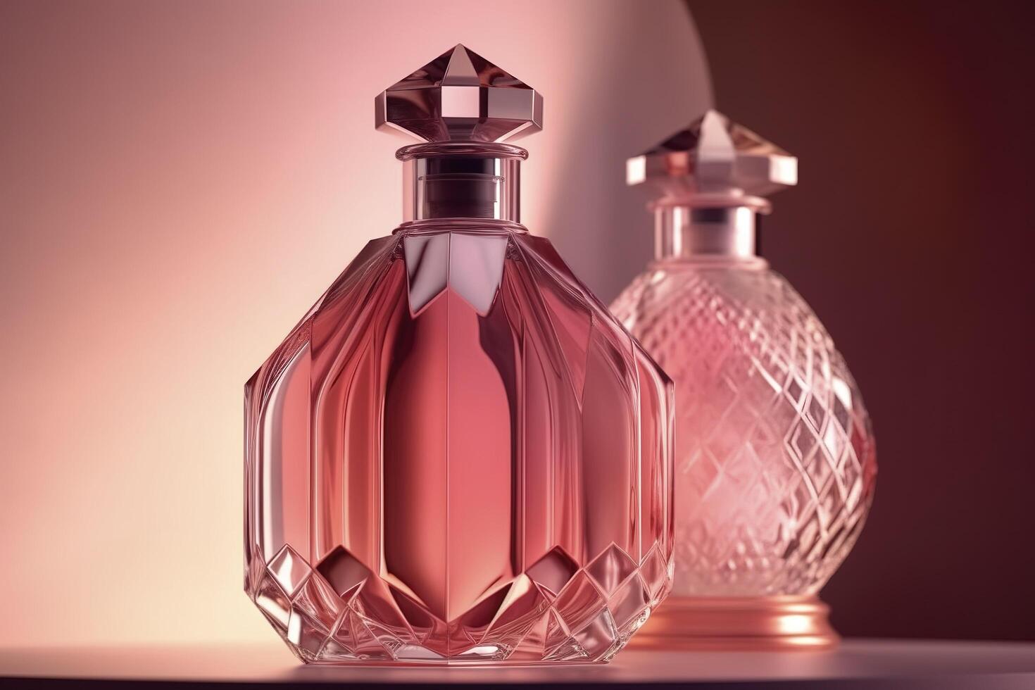 elegancia perfume botella, femenino cosmético rosa, generativo ai foto