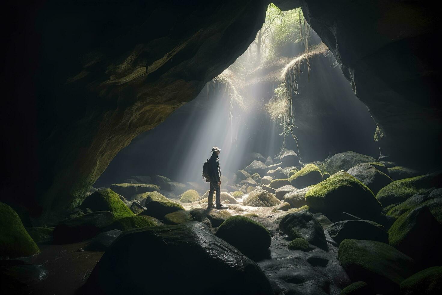 aventurero en un cueva, generar ai foto