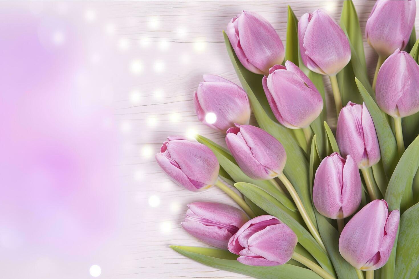 Wooden pink background with fresh spring tulips and empty copy space heart shape decoration made of wood , generate ai photo