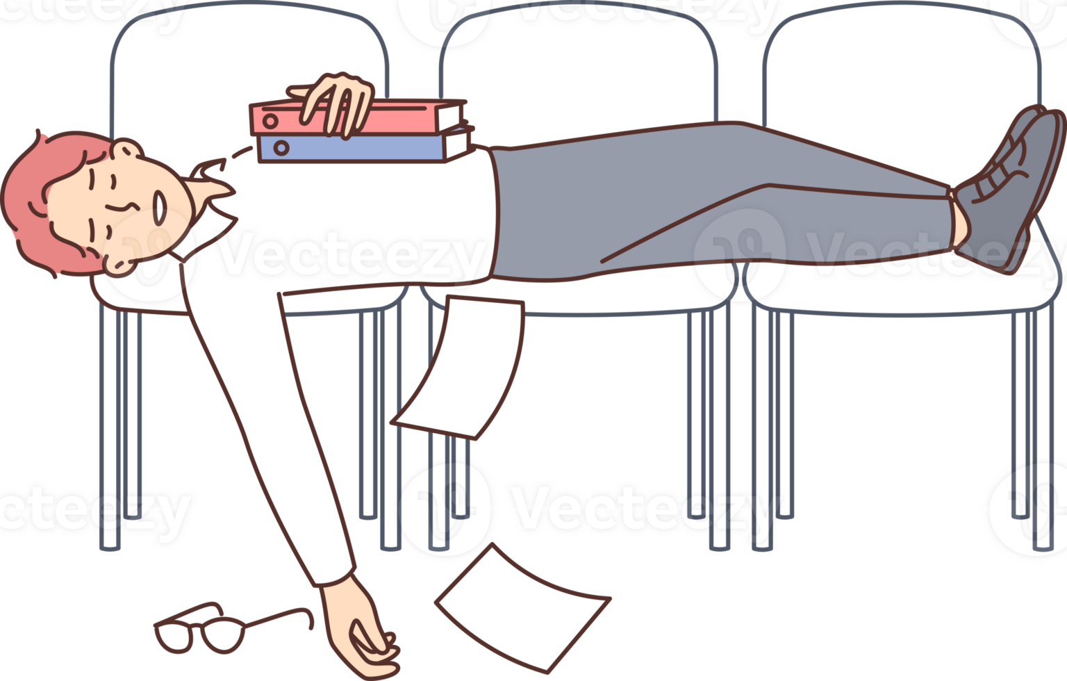 Tired businessman sleeping on chairs lined up due to overworking and lack of rest png