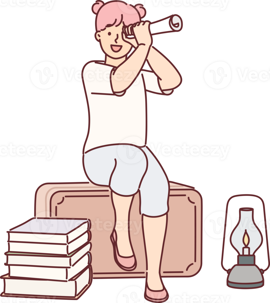 Funny little adventurer girl wants to go on long journey using piece of paper instead of telescope png