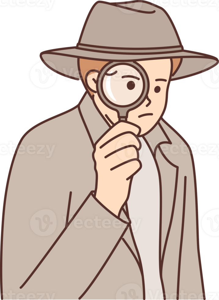 Man detective use magnifying glass to investigate crime scene or looking for necessary information png