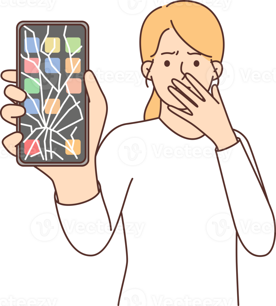 Woman with broken phone covers mouth with hand and demonstrates screen of gadget with cracks png