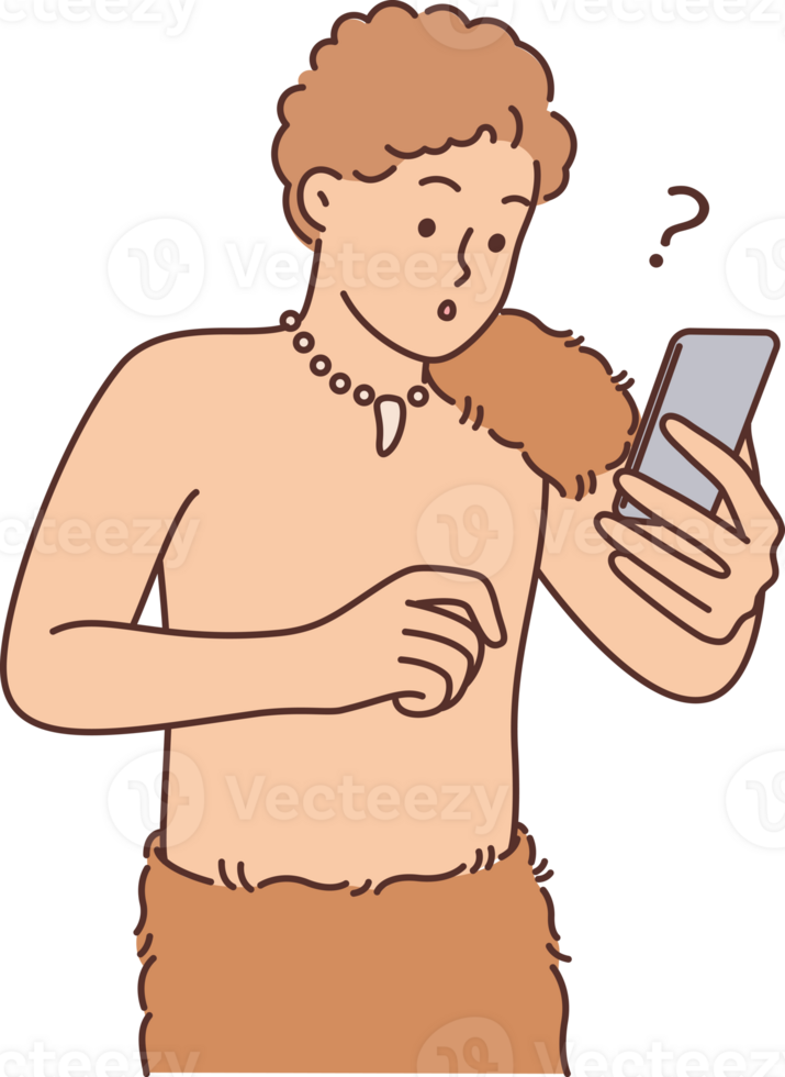 Primitive man with phone is surprised and shocked to see modern technology for first time png