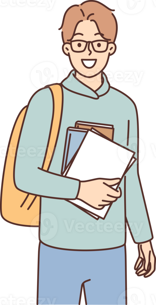 Young guy student with books and backpack is preparing for hike from campus to college or university png