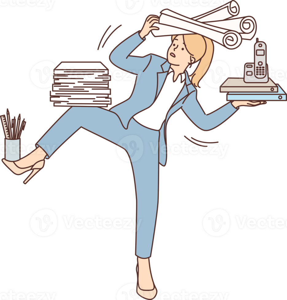 Businesswoman holding office supplies and falling over from overloading due to lot of work png