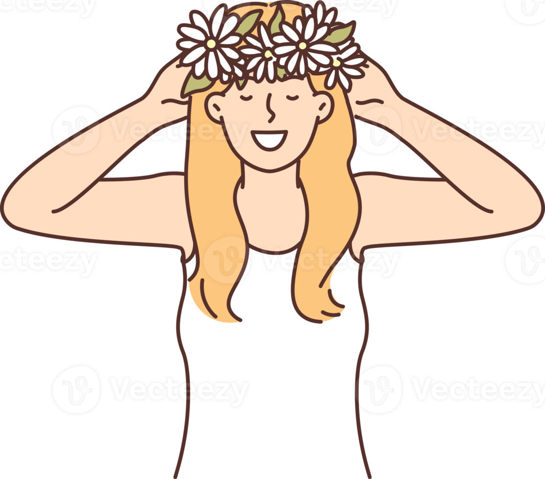 donna mette su testa ghirlanda di primavera fiori raccolto nel prato e gioisce a esordio caldo tempo metereologico png