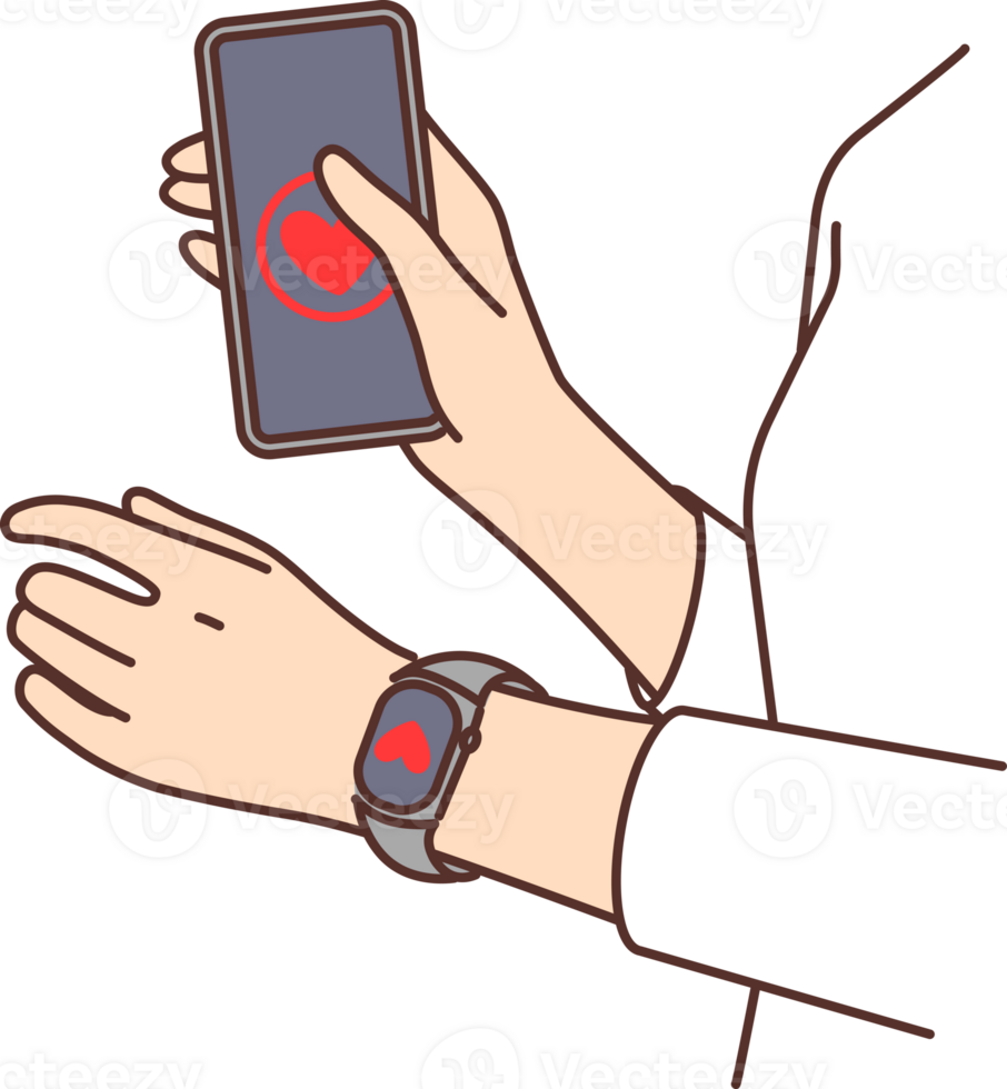 Hands of person with phone and fitness bracelet with heart to track pulse and load on cardio system png