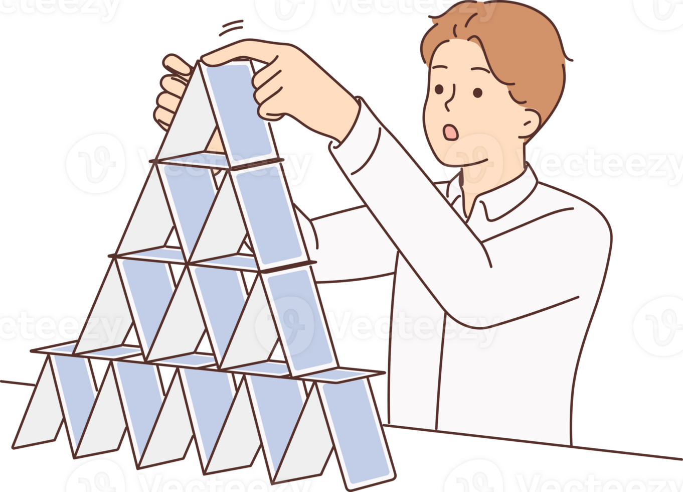 Concentrated man makes pyramid of playing cards symbolizing fragile business structure png