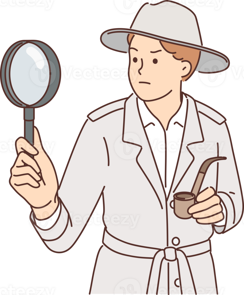 Sherlock holmes with magnifying glass investigates crime using deduction and smokes tobacco pipe png