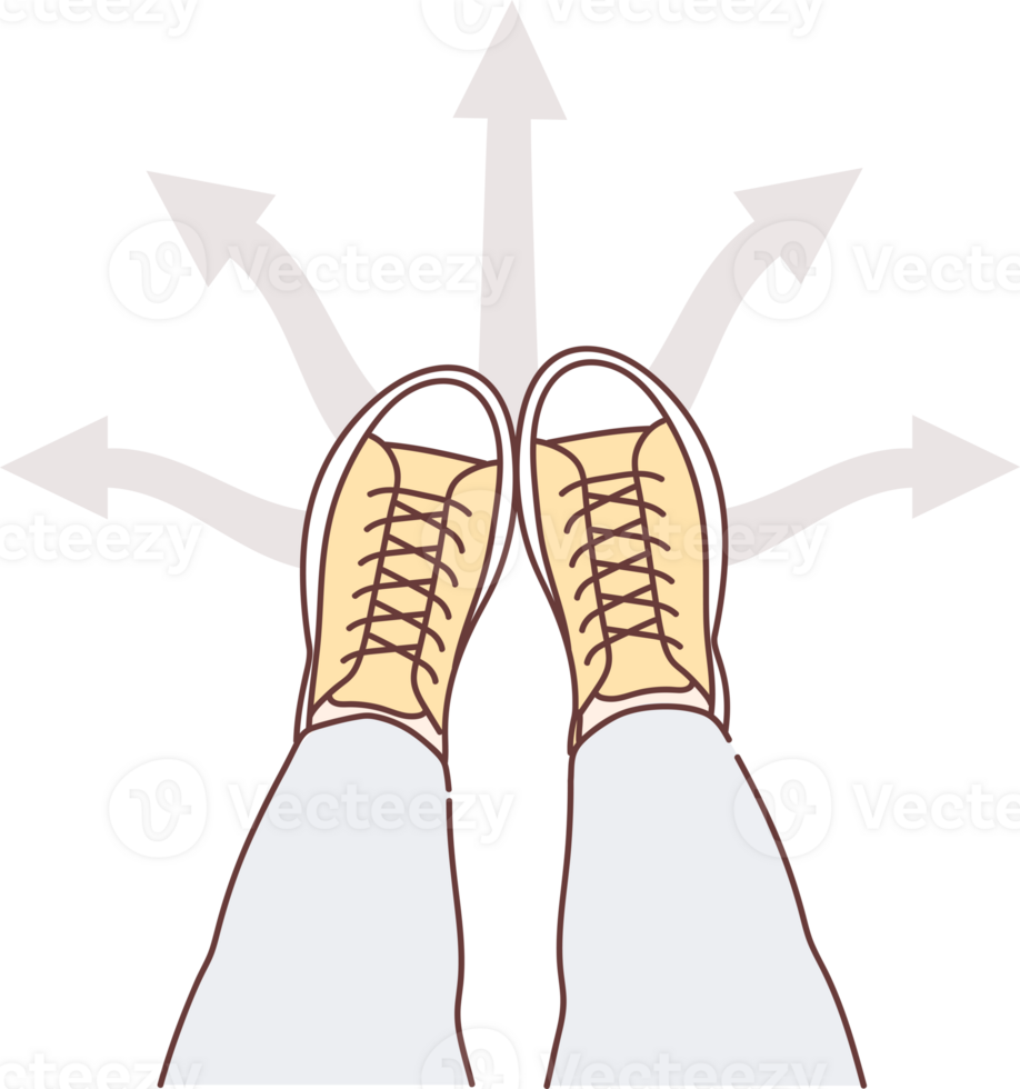 gambe uomo a incrocio stradale vicino frecce puntamento nel diverso indicazioni, simboleggiante incertezza png
