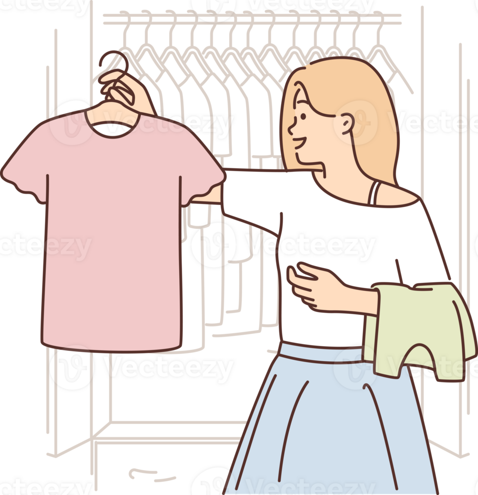 Woman chooses clothes from wardrobe going to party or sorting out t-shirts for thrift store png