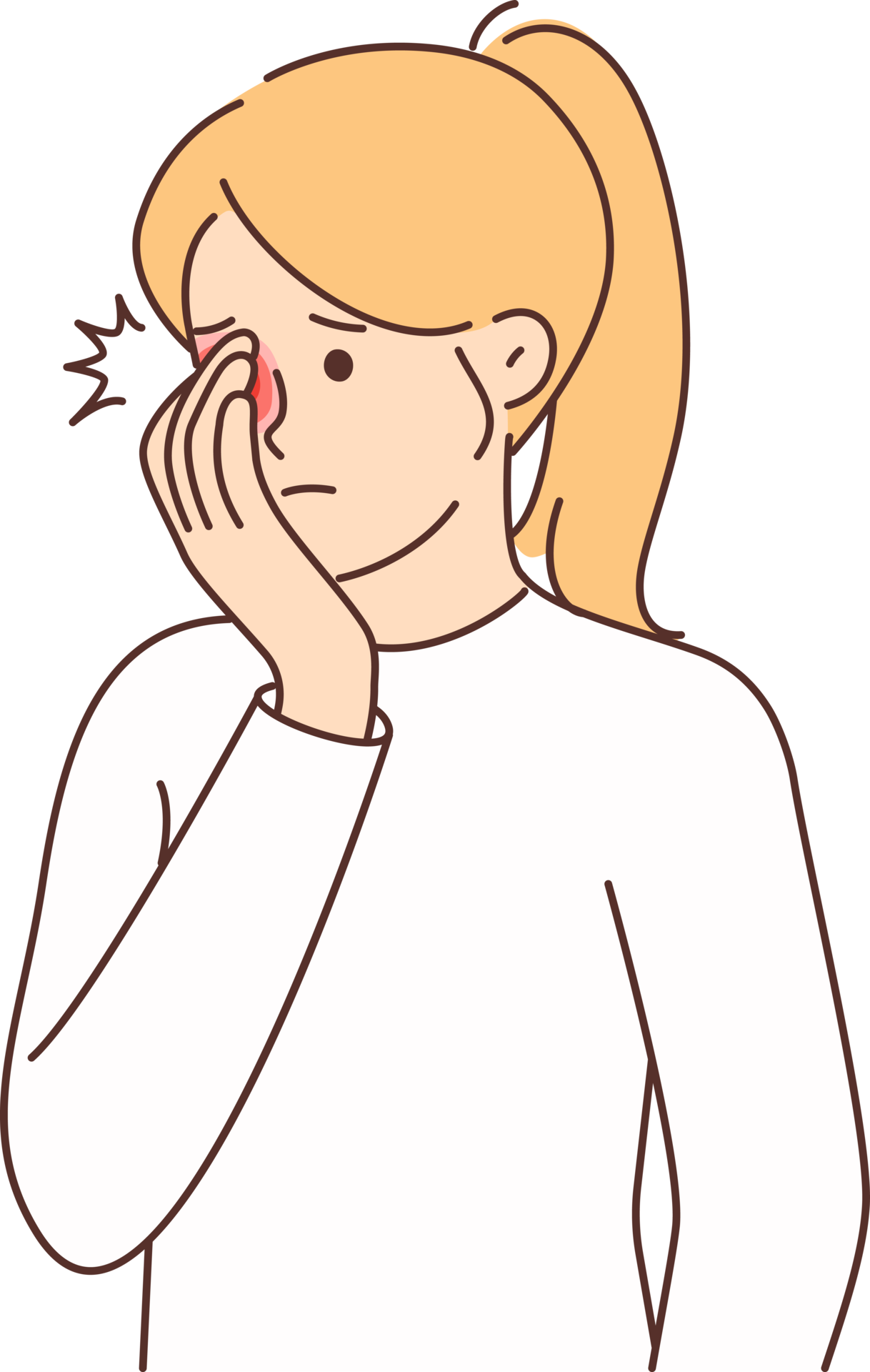 Woman feels pain in eyes covering reddened pupil with hand and needs