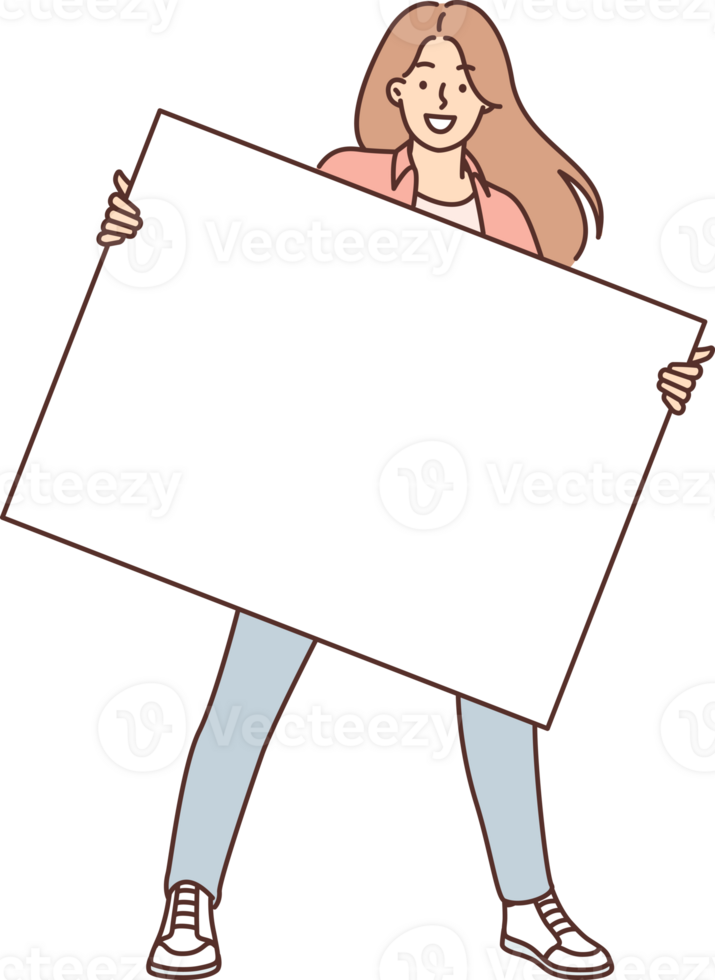 Woman is holding blank banner for applying advertising logo or marketing slogan for promo action png