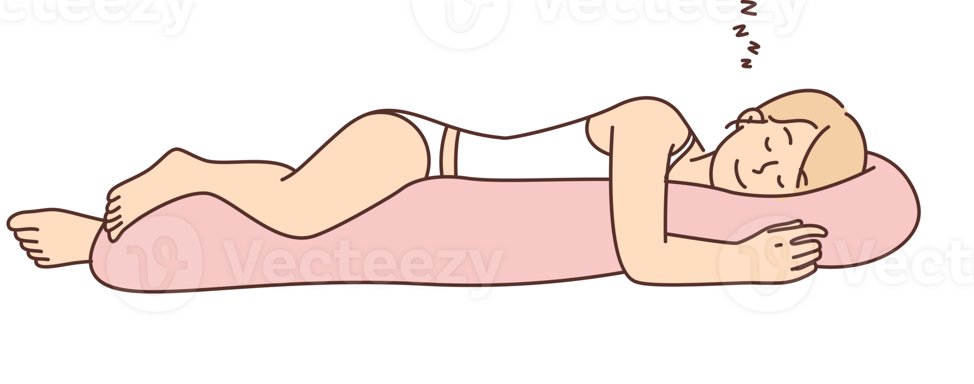 Woman sleeps with smile hugging body pillow enjoying rest after and restoring strength of hard day png