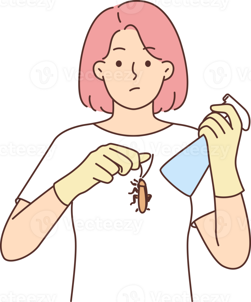 Embarrassed woman holding cockroach and spray bottle with insecticide or pest control png