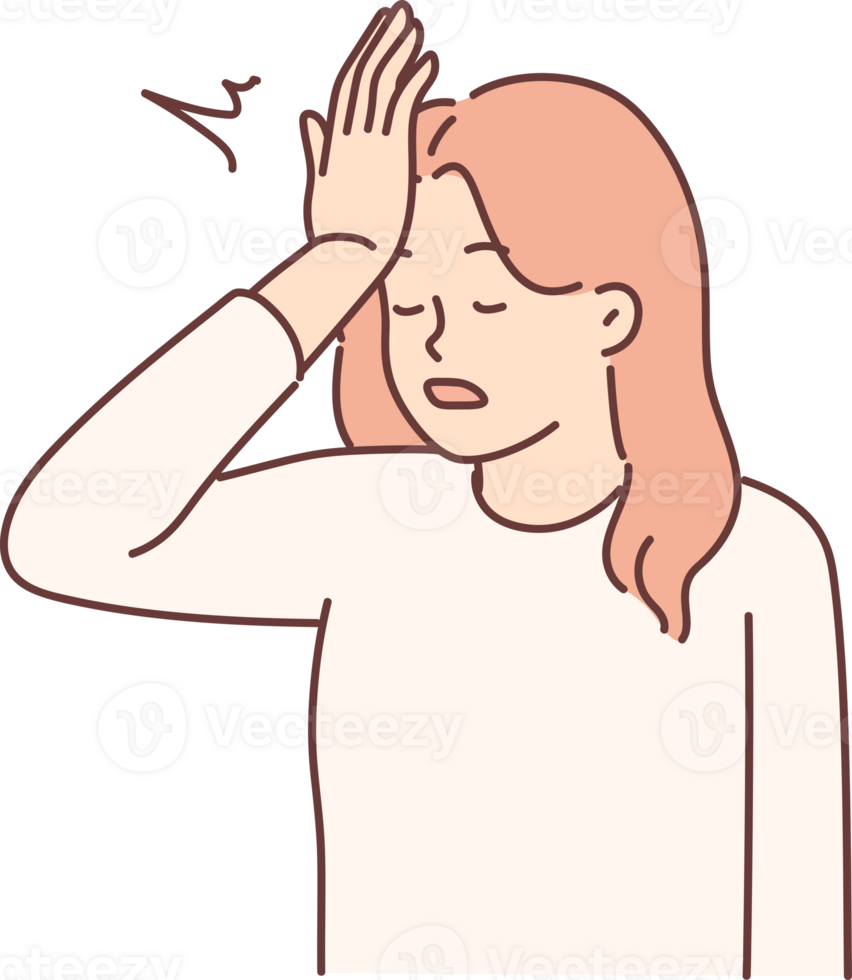 Woman makes gesture with facepalm putting palm to forehead, having learned about mistake made png