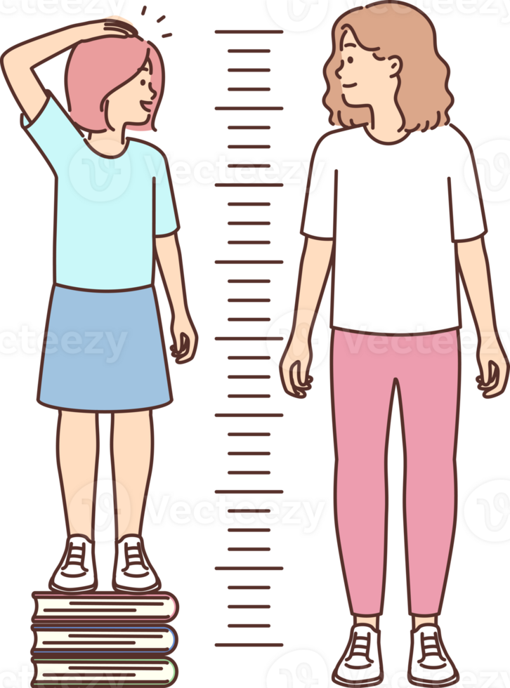 Little girl stands on books measuring growth and wants to compete with older sister png