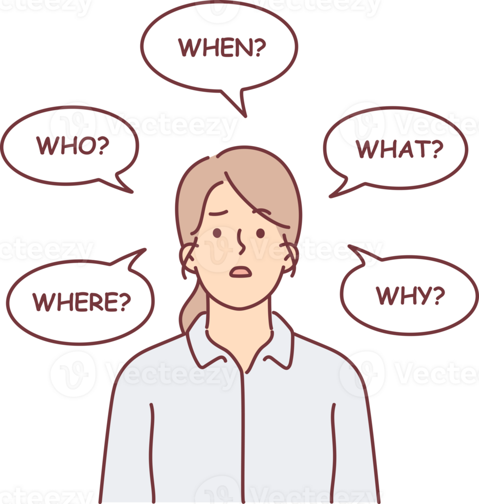 Puzzled woman among question words for concept of making important decisions and problems png