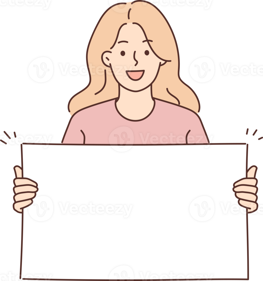 Woman holding blank white placard smiling and looking at camera demonstrating banner with copy space png
