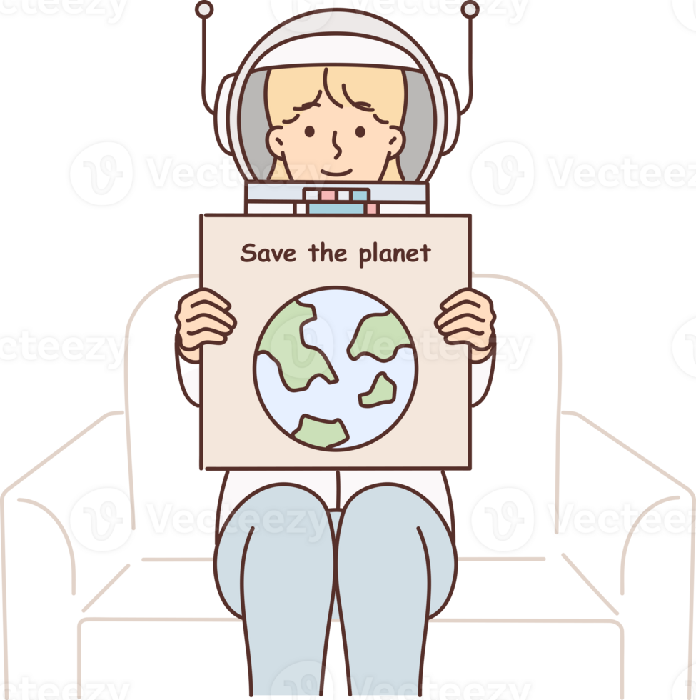 Woman in astronaut space suit holds poster calling for saving planet and taking care environment png