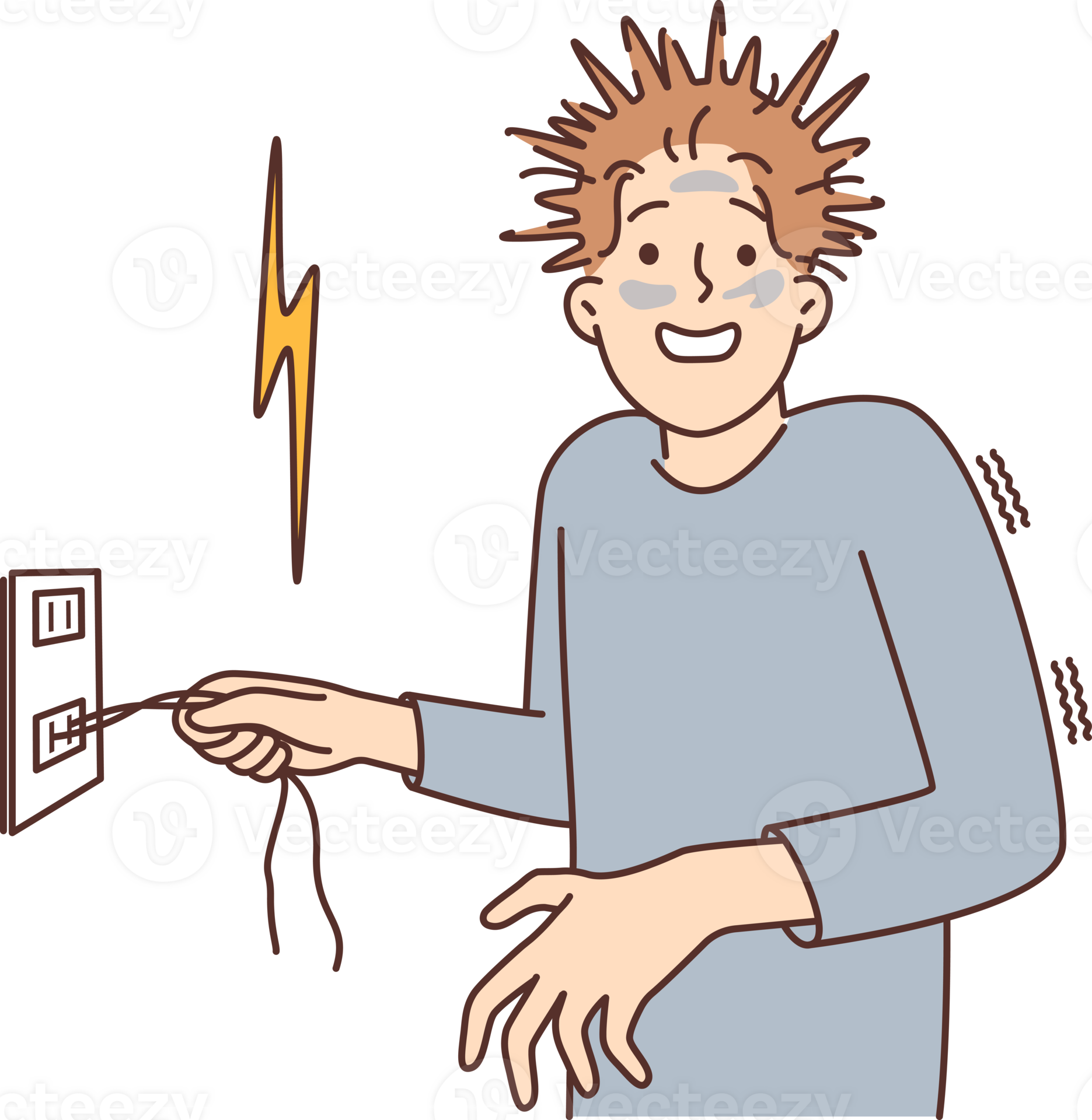 Man received electric shock with shaggy hair is holding on to wire